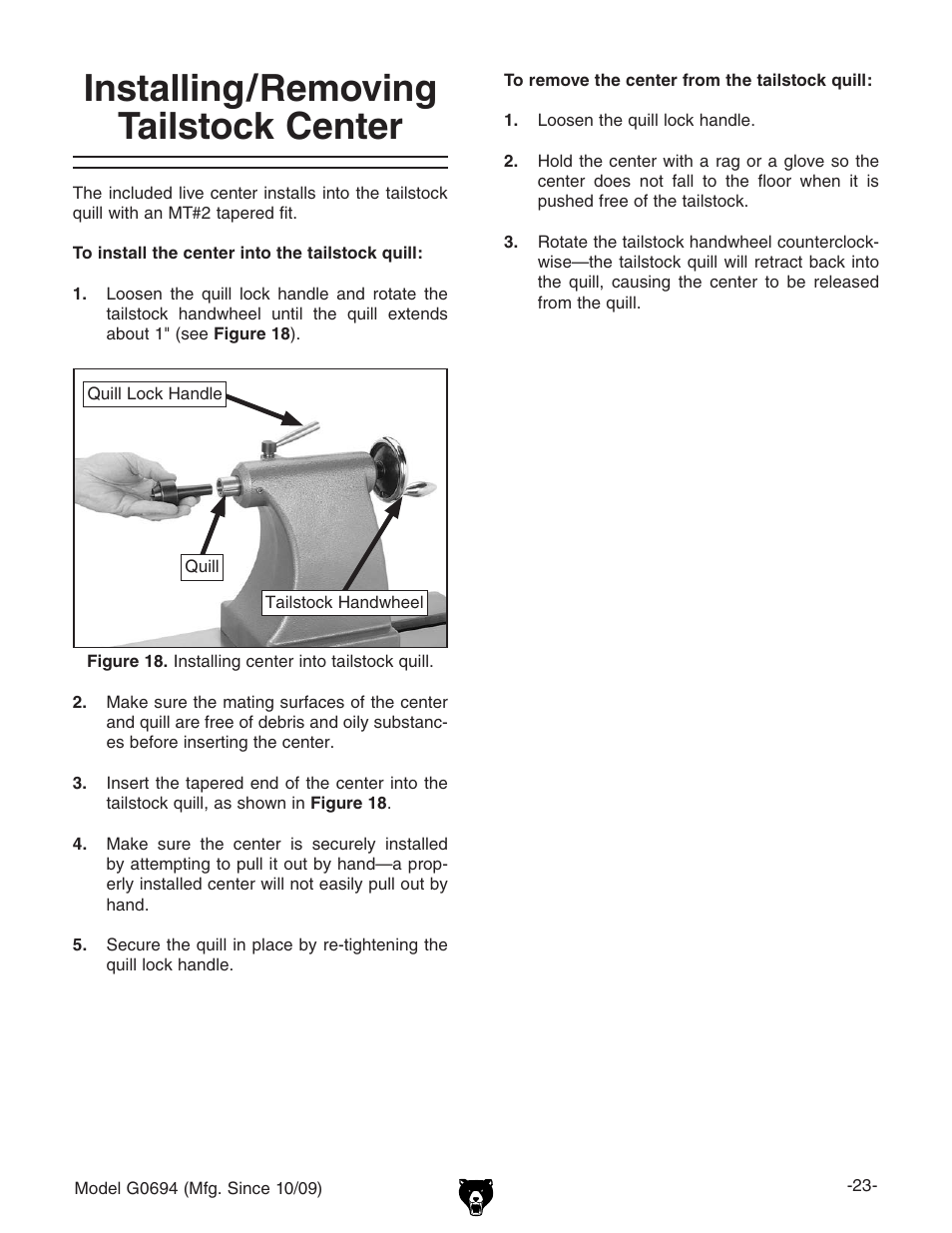Installing/removing tailstock center | Grizzly G0694 User Manual | Page 25 / 60