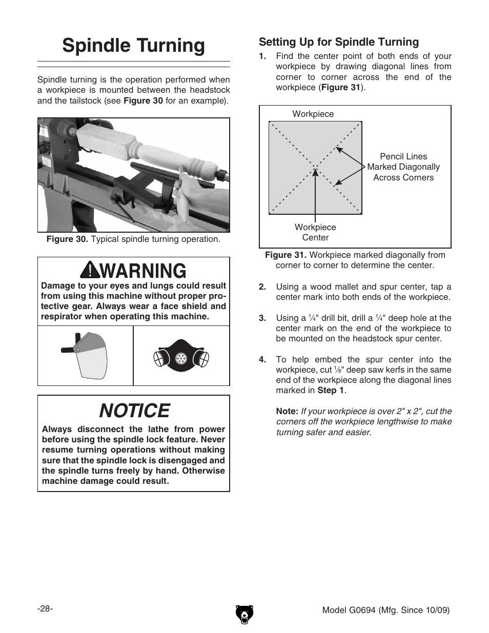 Spindle turning, Notice, Setting up for spindle turning | Grizzly G0694 User Manual | Page 30 / 60