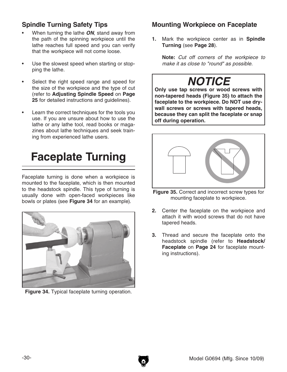 Faceplate turning, Notice | Grizzly G0694 User Manual | Page 32 / 60