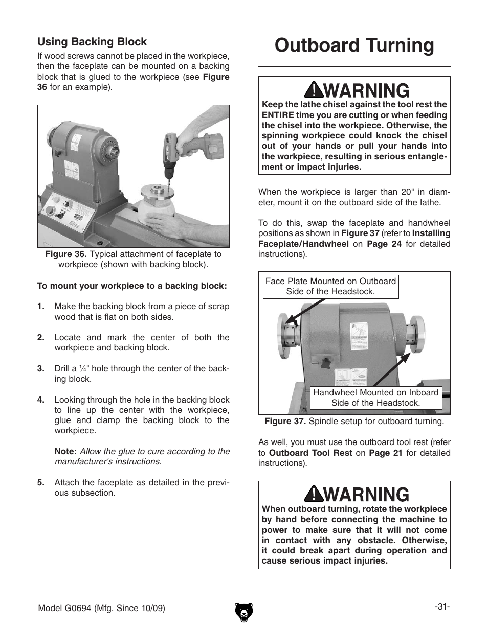 Outboard turning, Using backing block | Grizzly G0694 User Manual | Page 33 / 60