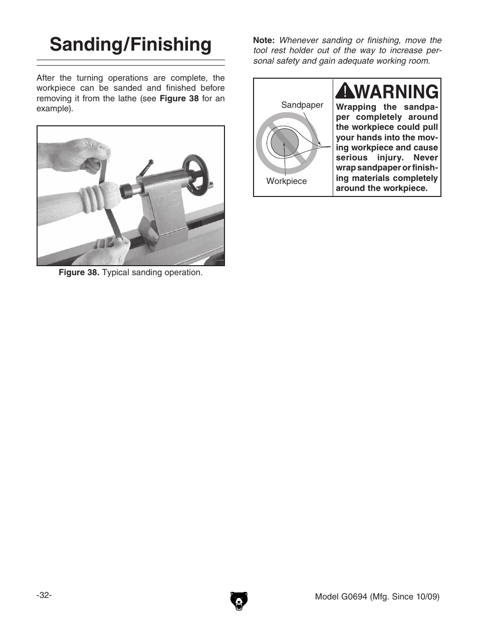 Sanding/finishing | Grizzly G0694 User Manual | Page 34 / 60