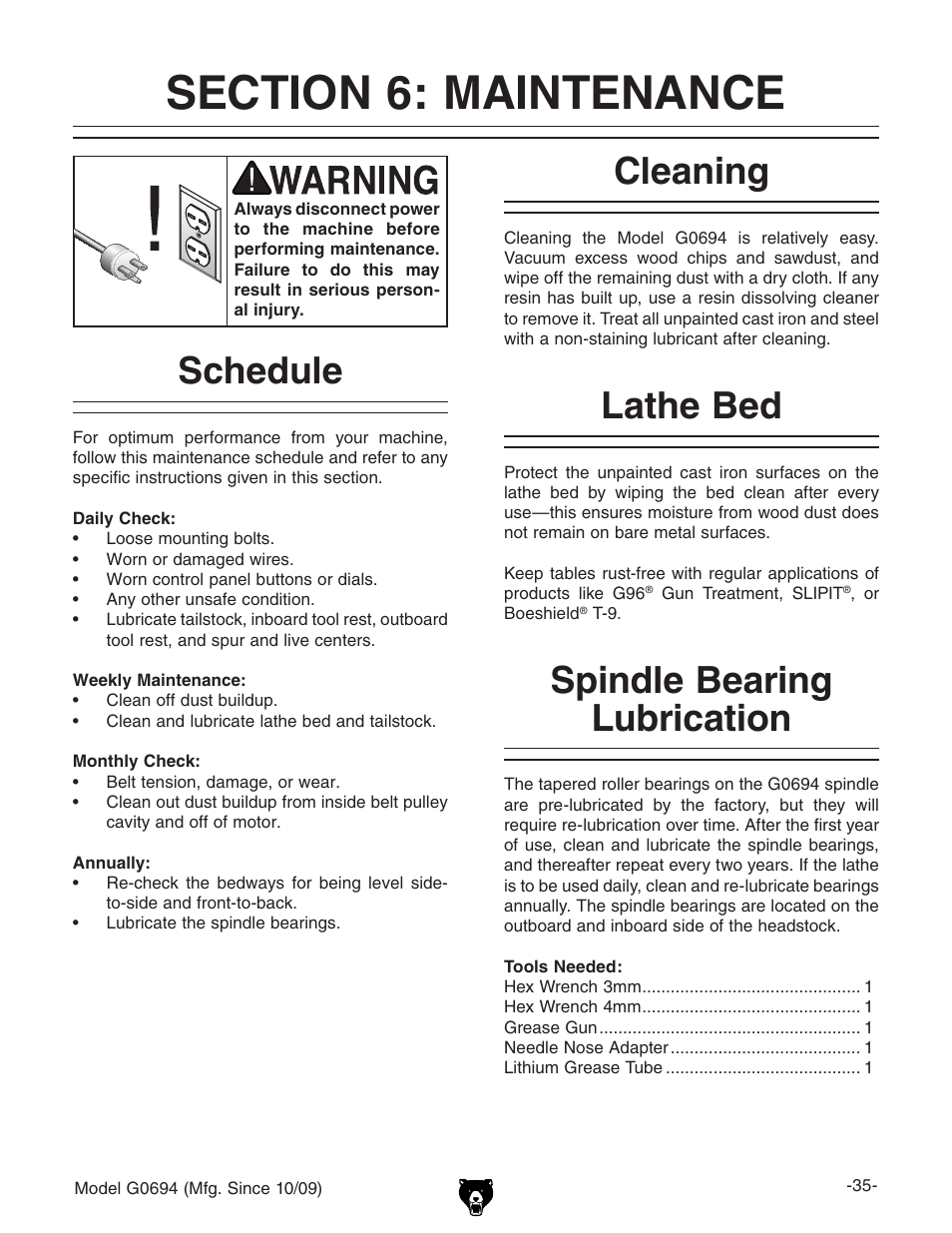 Schedule, Cleaning, Lathe bed | Spindle bearing lubrication | Grizzly G0694 User Manual | Page 37 / 60