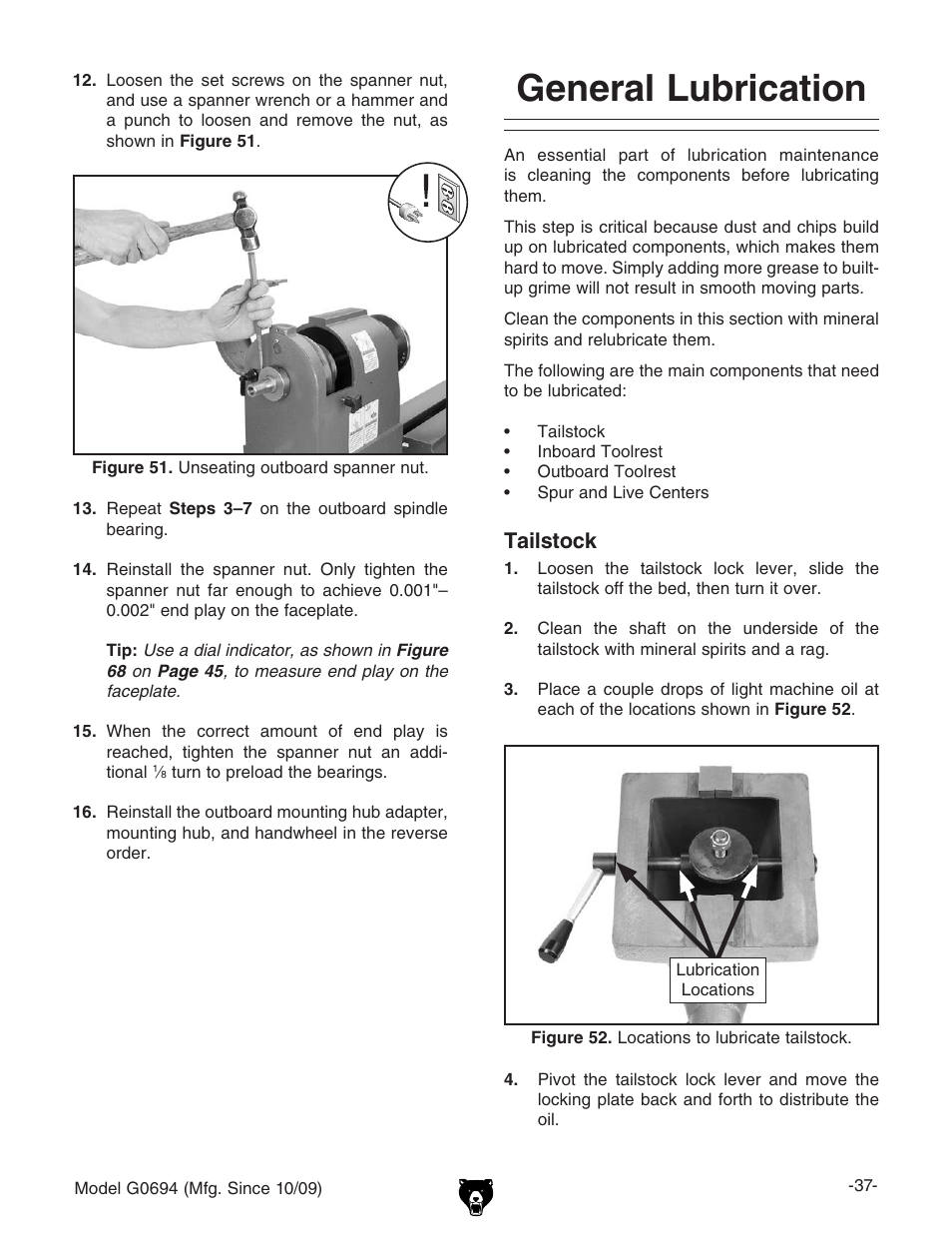 General lubrication, Tailstock | Grizzly G0694 User Manual | Page 39 / 60