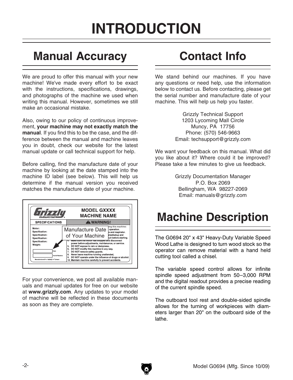 Introduction, Machine description manual accuracy, Contact info | Grizzly G0694 User Manual | Page 4 / 60