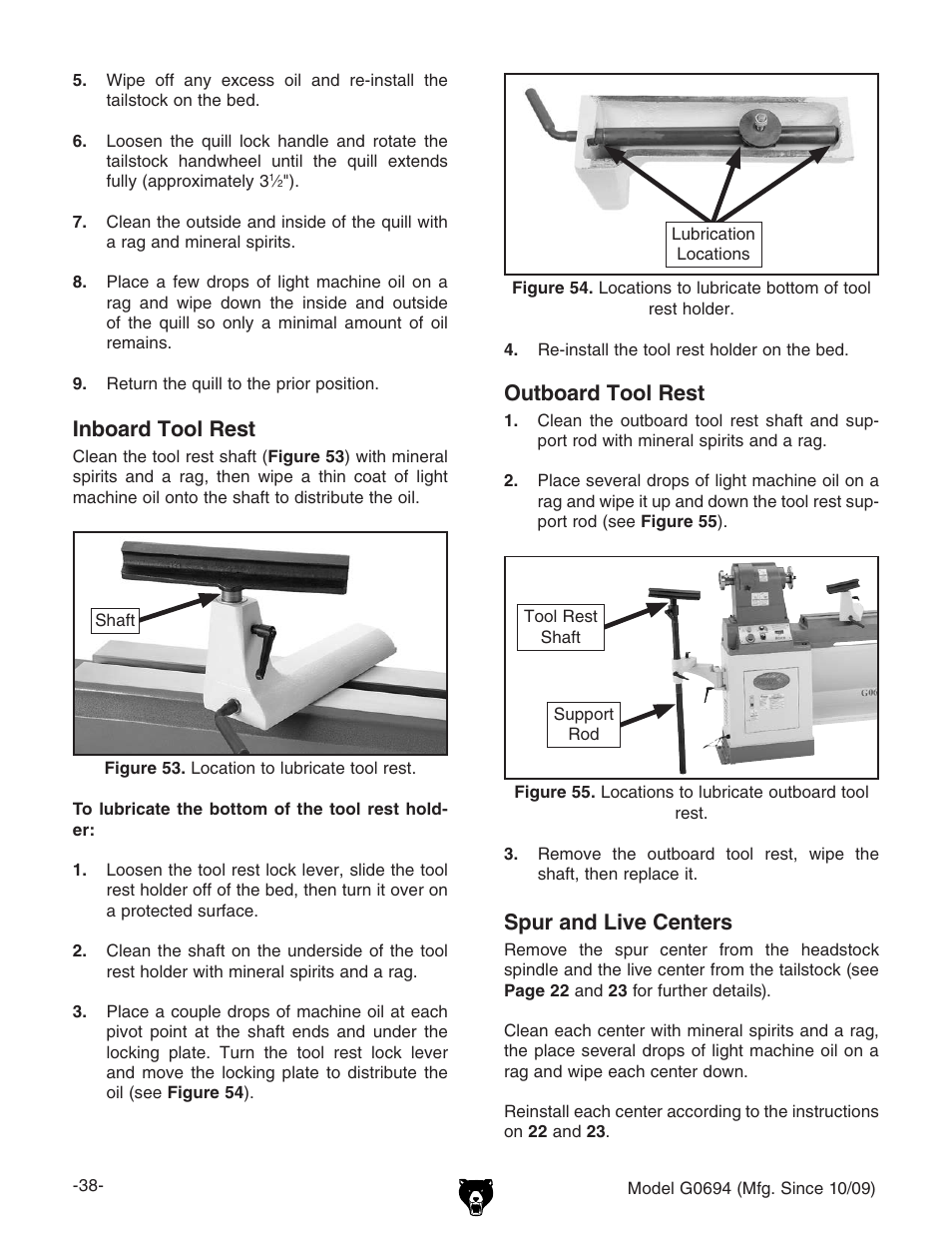 Outboard tool rest, Inboard tool rest, Spur and live centers | Grizzly G0694 User Manual | Page 40 / 60