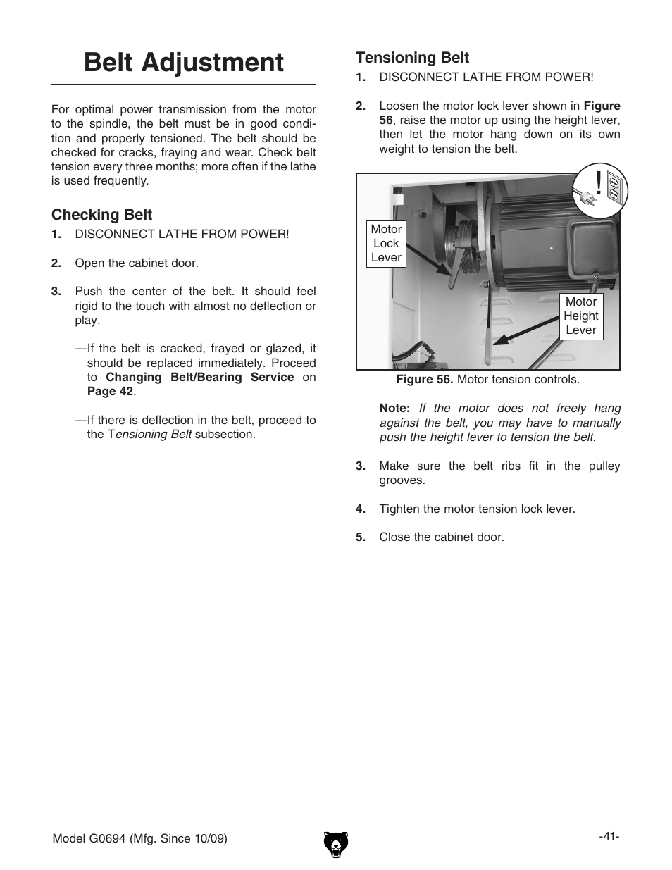 Belt adjustment | Grizzly G0694 User Manual | Page 43 / 60