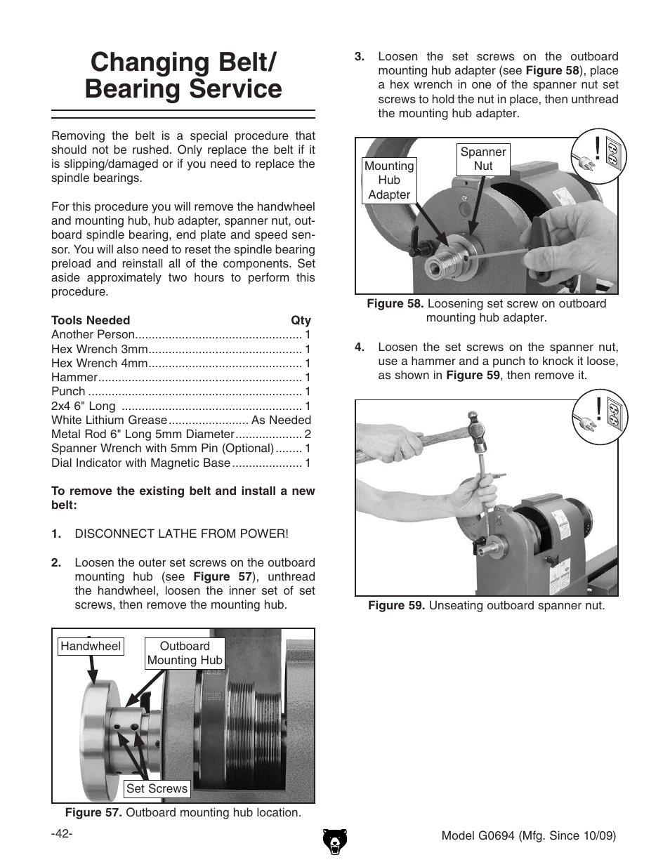 Changing belt/ bearing service | Grizzly G0694 User Manual | Page 44 / 60