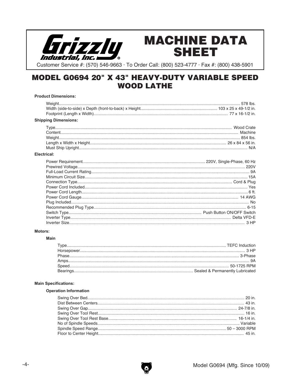 Machine data sheet | Grizzly G0694 User Manual | Page 6 / 60