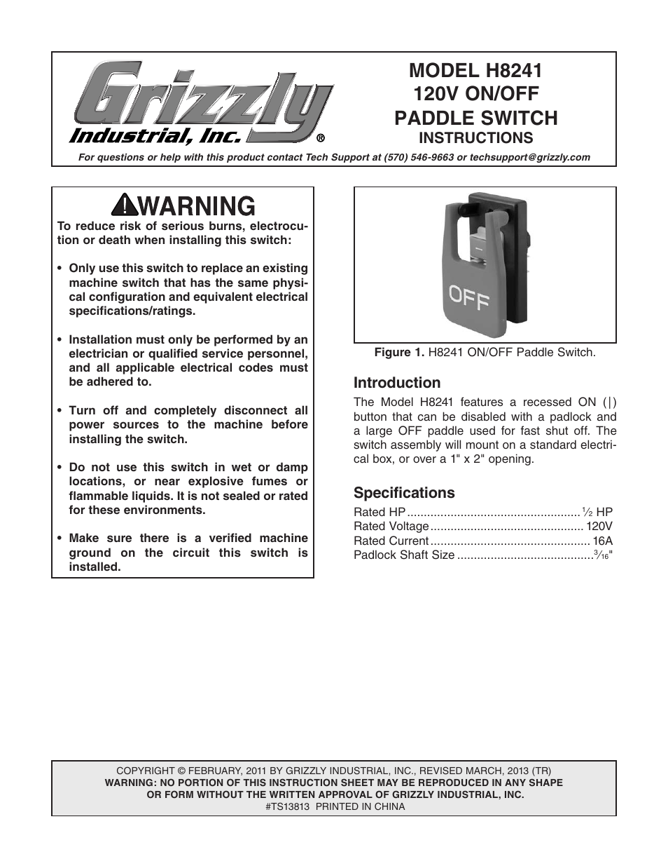 Grizzly Paddle h8241 User Manual | 2 pages
