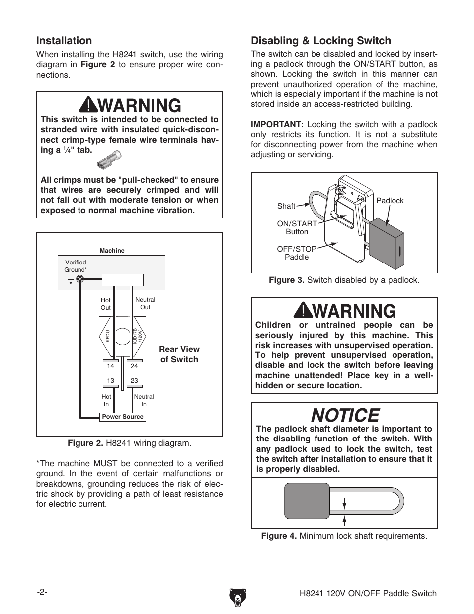 Notice, Disabling & locking switch, Installation | Grizzly Paddle h8241 User Manual | Page 2 / 2