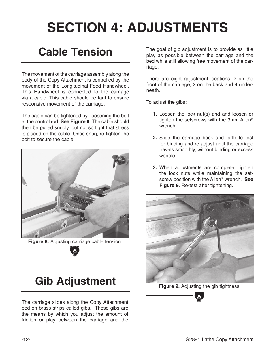 Cable tension, Gib adjustment | Grizzly G2891 User Manual | Page 14 / 26