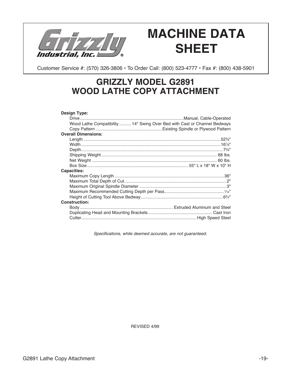 Machine data sheet, Grizzly model g2891 wood lathe copy attachment | Grizzly G2891 User Manual | Page 21 / 26