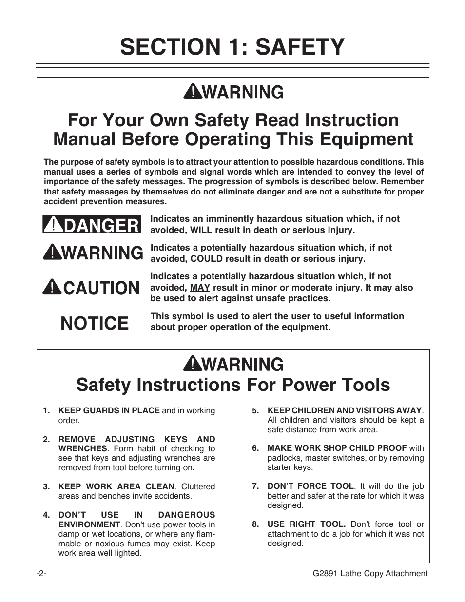 Safety instructions for power tools, Notice | Grizzly G2891 User Manual | Page 4 / 26