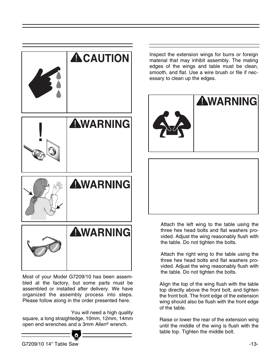 Beginning assembly, Extension wings, Notice | Grizzly 14" Professional Cabinet Saw G7209 User Manual | Page 15 / 52