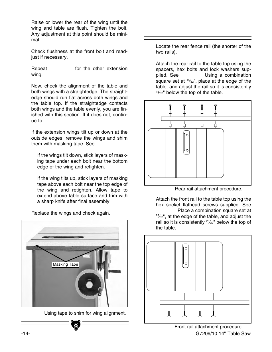 Fence rails | Grizzly 14" Professional Cabinet Saw G7209 User Manual | Page 16 / 52