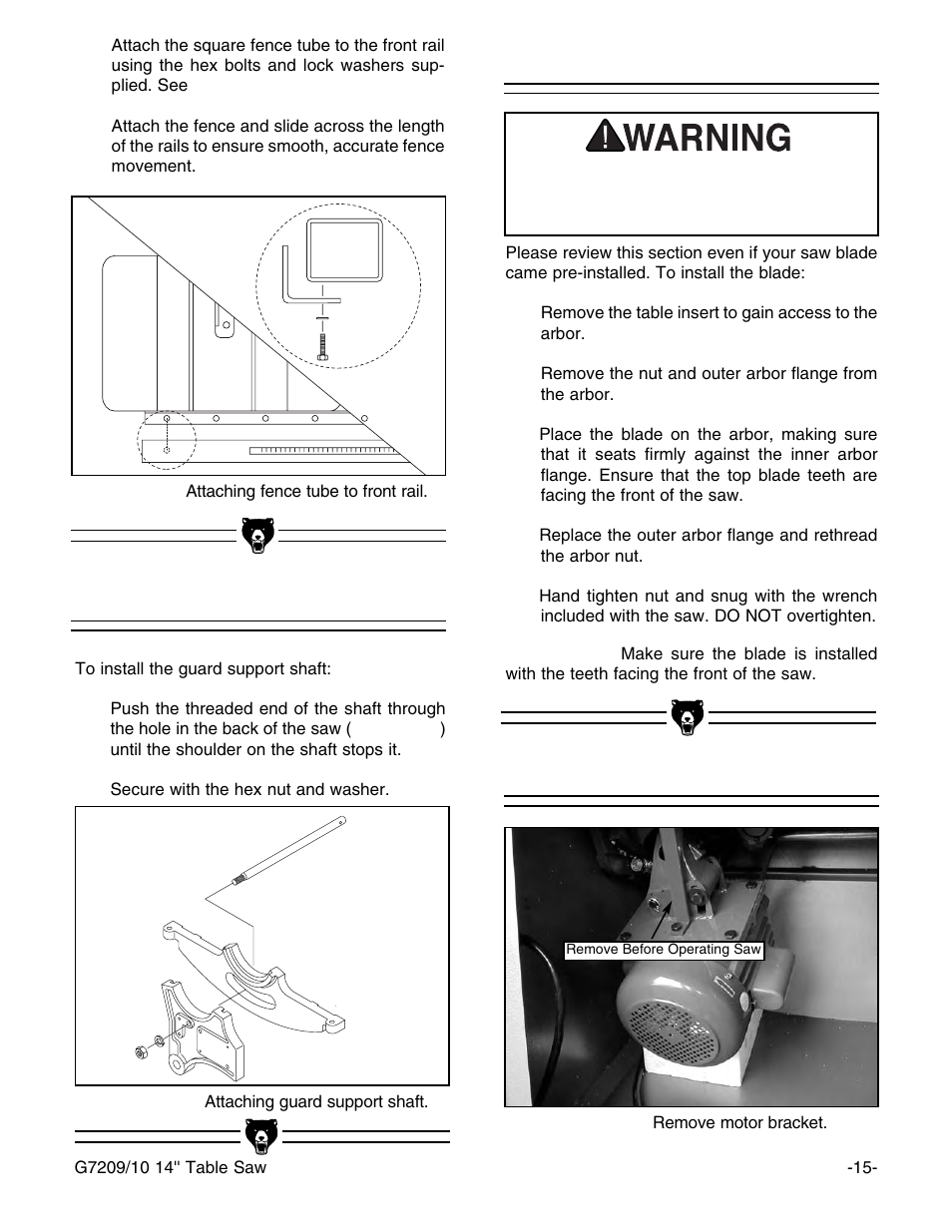 Guard support shaft, Saw blade motor bracket | Grizzly 14" Professional Cabinet Saw G7209 User Manual | Page 17 / 52