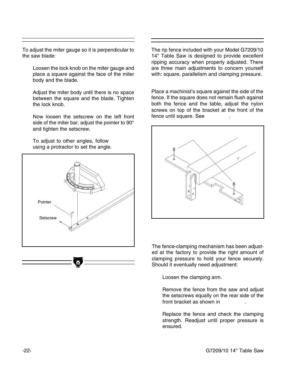 Rip fence, Miter gauge | Grizzly 14" Professional Cabinet Saw G7209 User Manual | Page 24 / 52