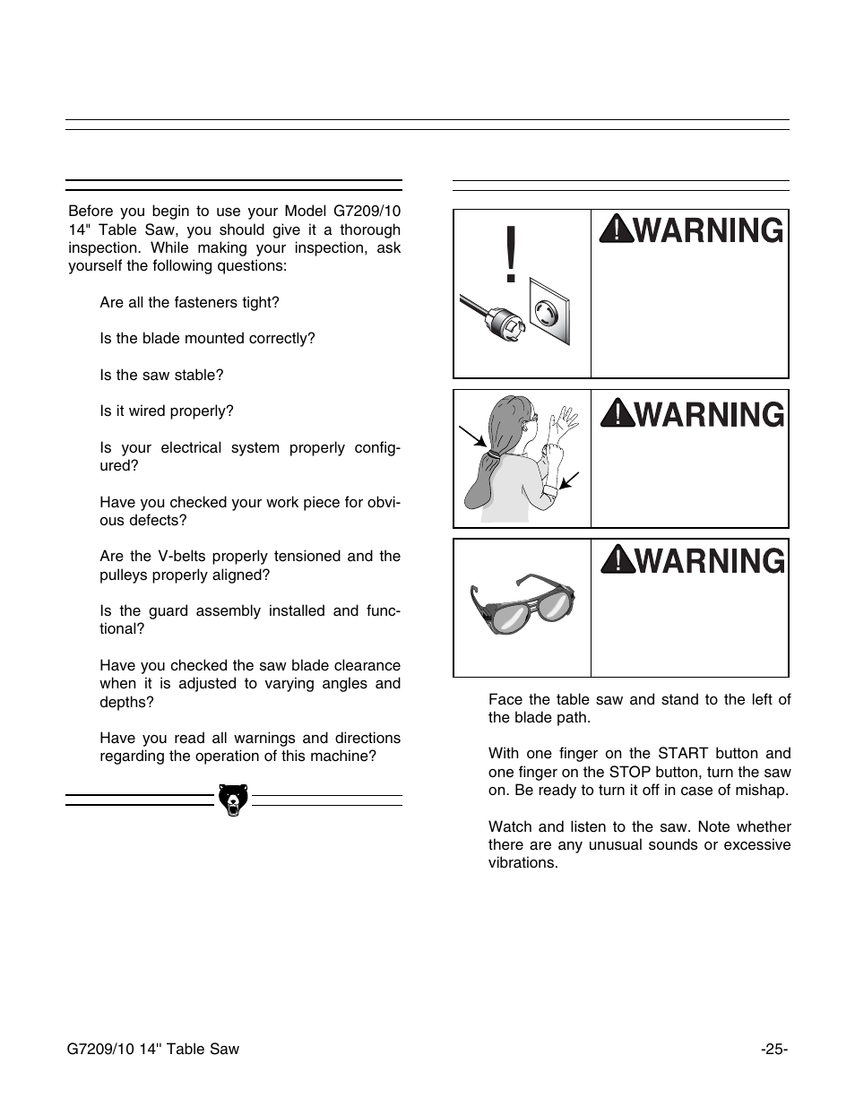 Pre-run check test run | Grizzly 14" Professional Cabinet Saw G7209 User Manual | Page 27 / 52