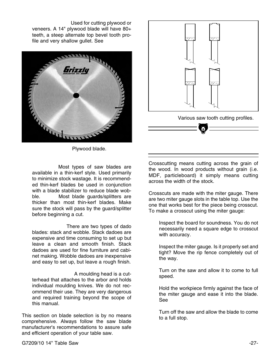 Crosscutting | Grizzly 14" Professional Cabinet Saw G7209 User Manual | Page 29 / 52