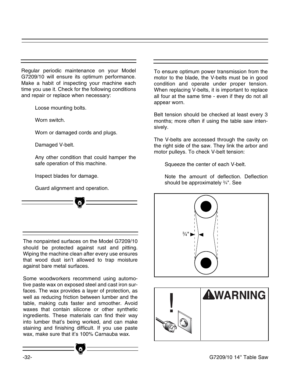 V-belt, Table, General | Grizzly 14" Professional Cabinet Saw G7209 User Manual | Page 34 / 52