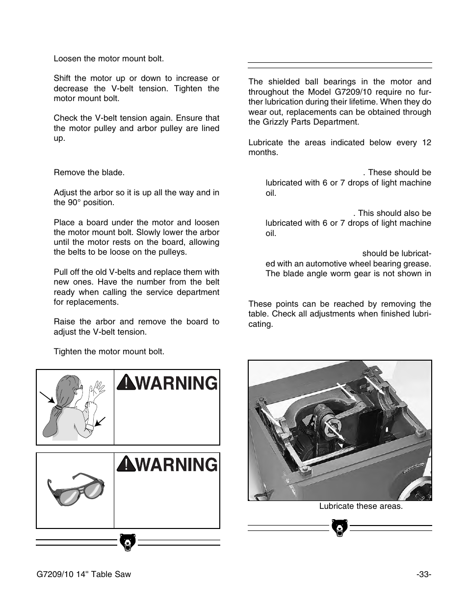 Lubrication | Grizzly 14" Professional Cabinet Saw G7209 User Manual | Page 35 / 52