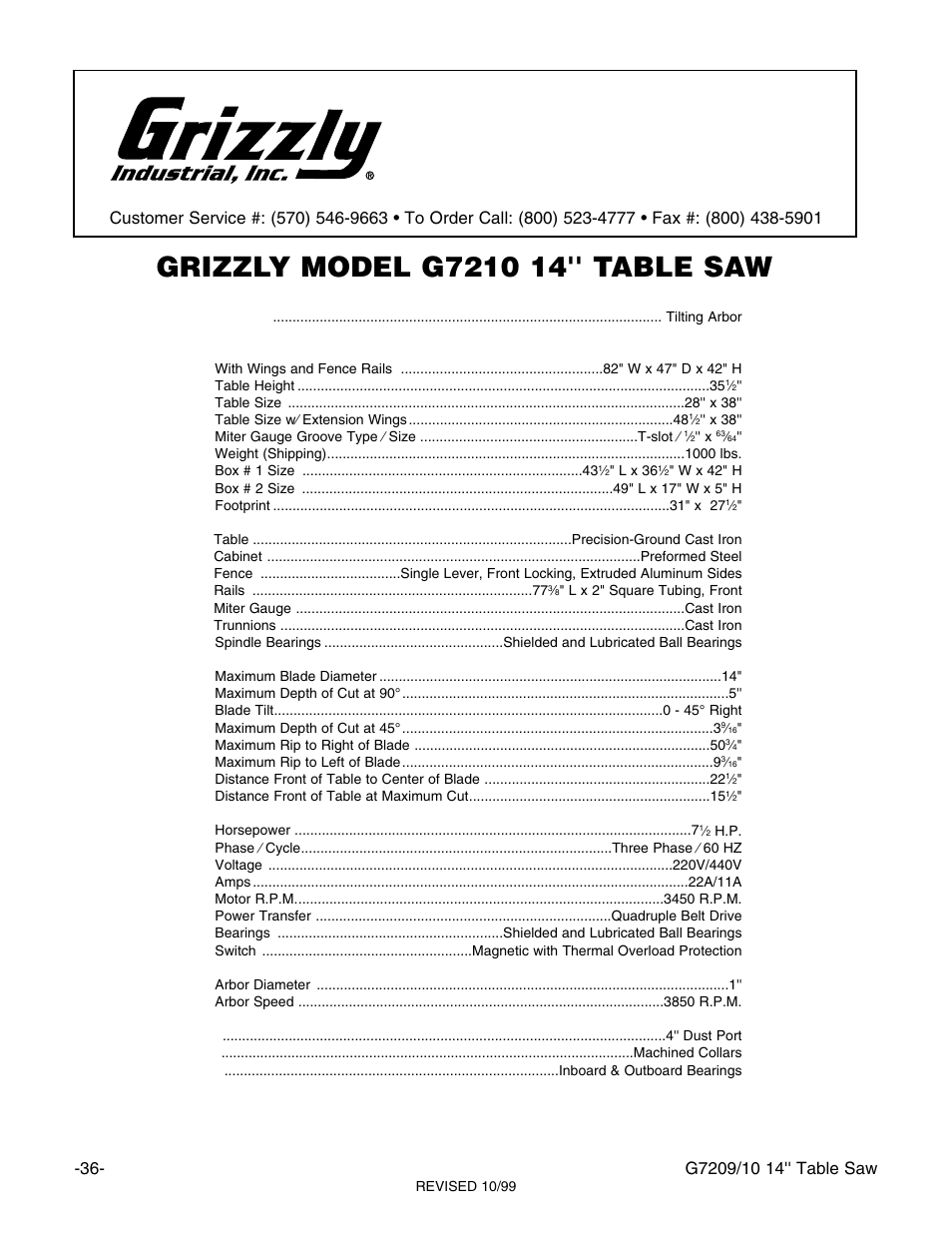 Machine data sheet | Grizzly 14" Professional Cabinet Saw G7209 User Manual | Page 38 / 52