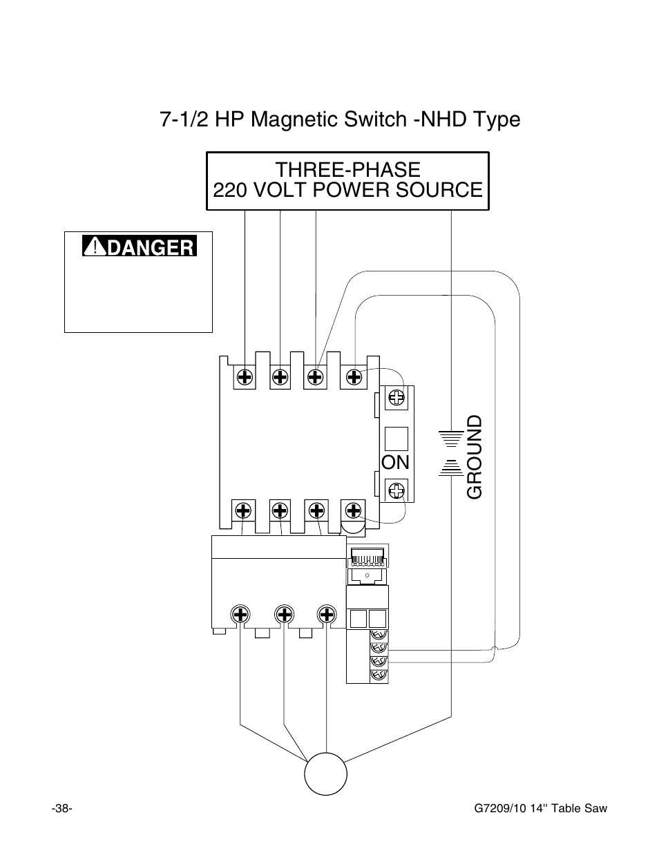 1/2 hp magnetic switch -nhd type, Three-phase 220 volt power source, Ground | Grizzly 14" Professional Cabinet Saw G7209 User Manual | Page 40 / 52