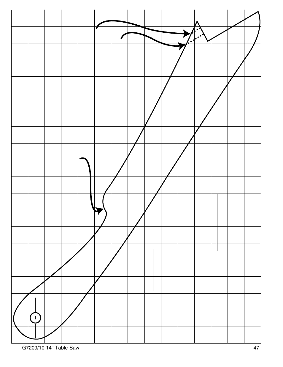 Push stick make from, Grid cut here to push, Wood cut here to push | Wood notch to help prevent hand from slipping | Grizzly 14" Professional Cabinet Saw G7209 User Manual | Page 49 / 52