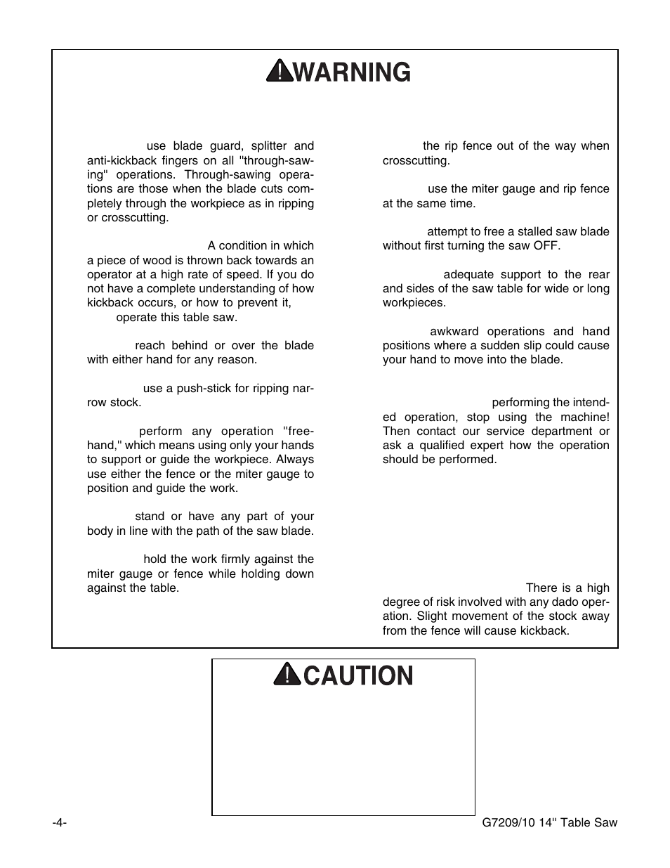 Additional safety instructions for table saws | Grizzly 14" Professional Cabinet Saw G7209 User Manual | Page 6 / 52