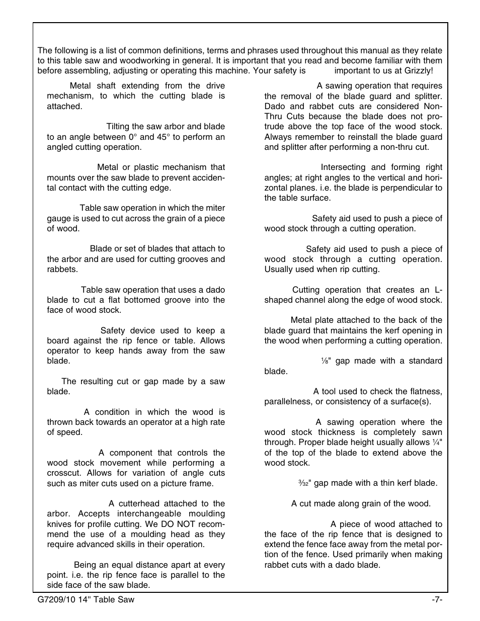 Common definitions, terms and phrases | Grizzly 14" Professional Cabinet Saw G7209 User Manual | Page 9 / 52