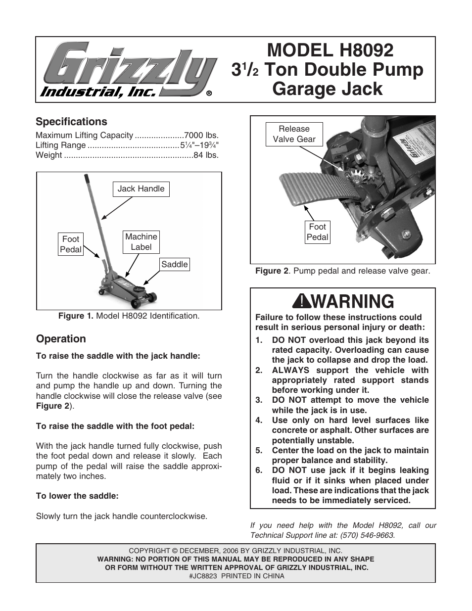 Grizzly 3 1 /2 Ton Double Pump Garage Jack H8092 User Manual | 4 pages