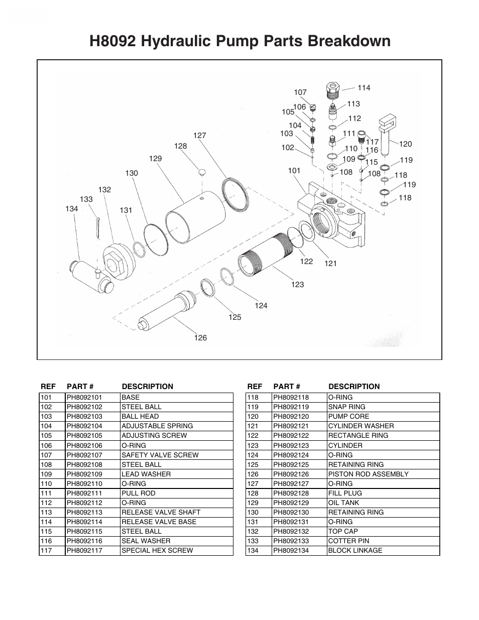 H8092 hydraulic pump parts breakdown | Grizzly 3 1 /2 Ton Double Pump Garage Jack H8092 User Manual | Page 4 / 4