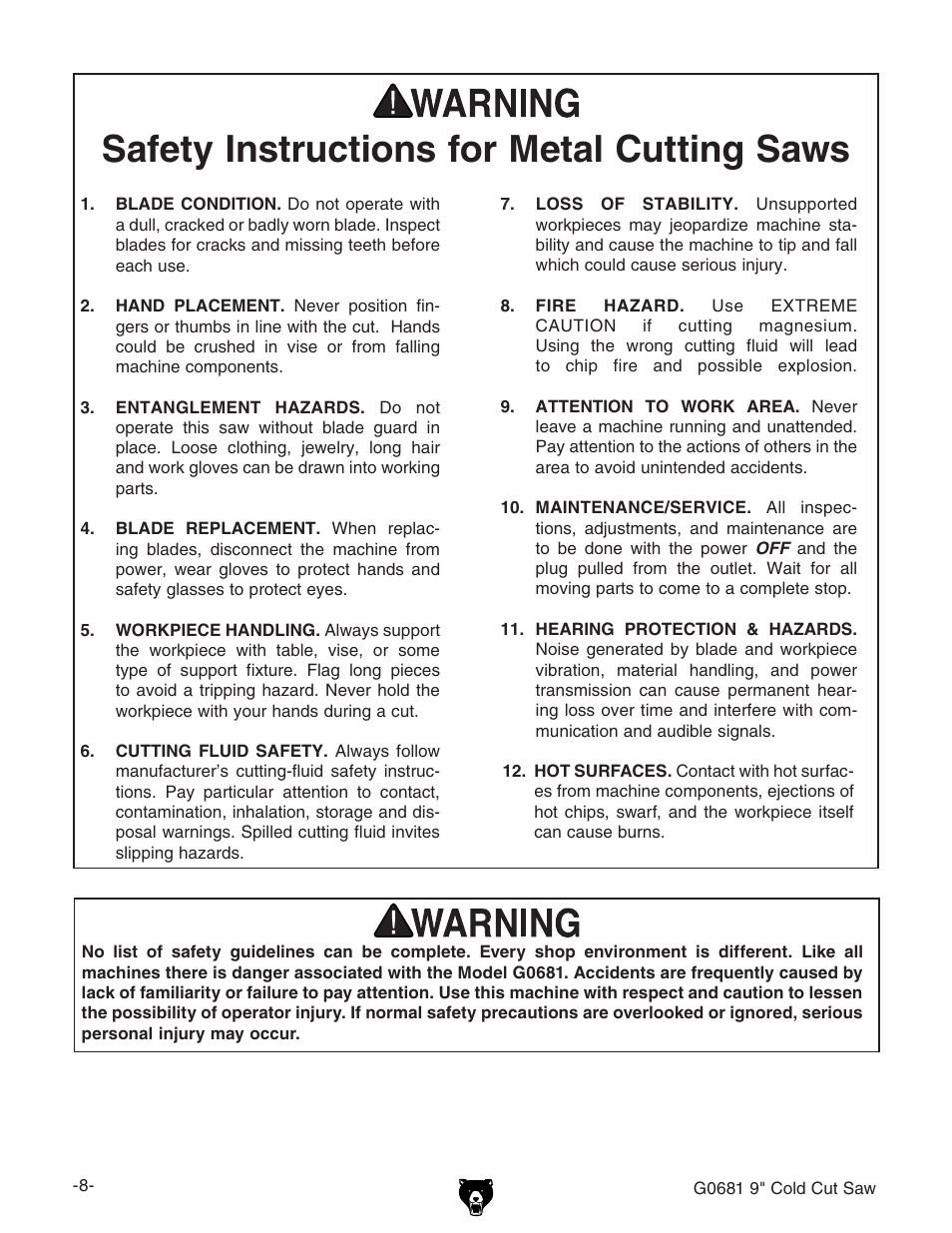 Safety instructions for metal cutting saws | Grizzly G0681 User Manual | Page 10 / 44