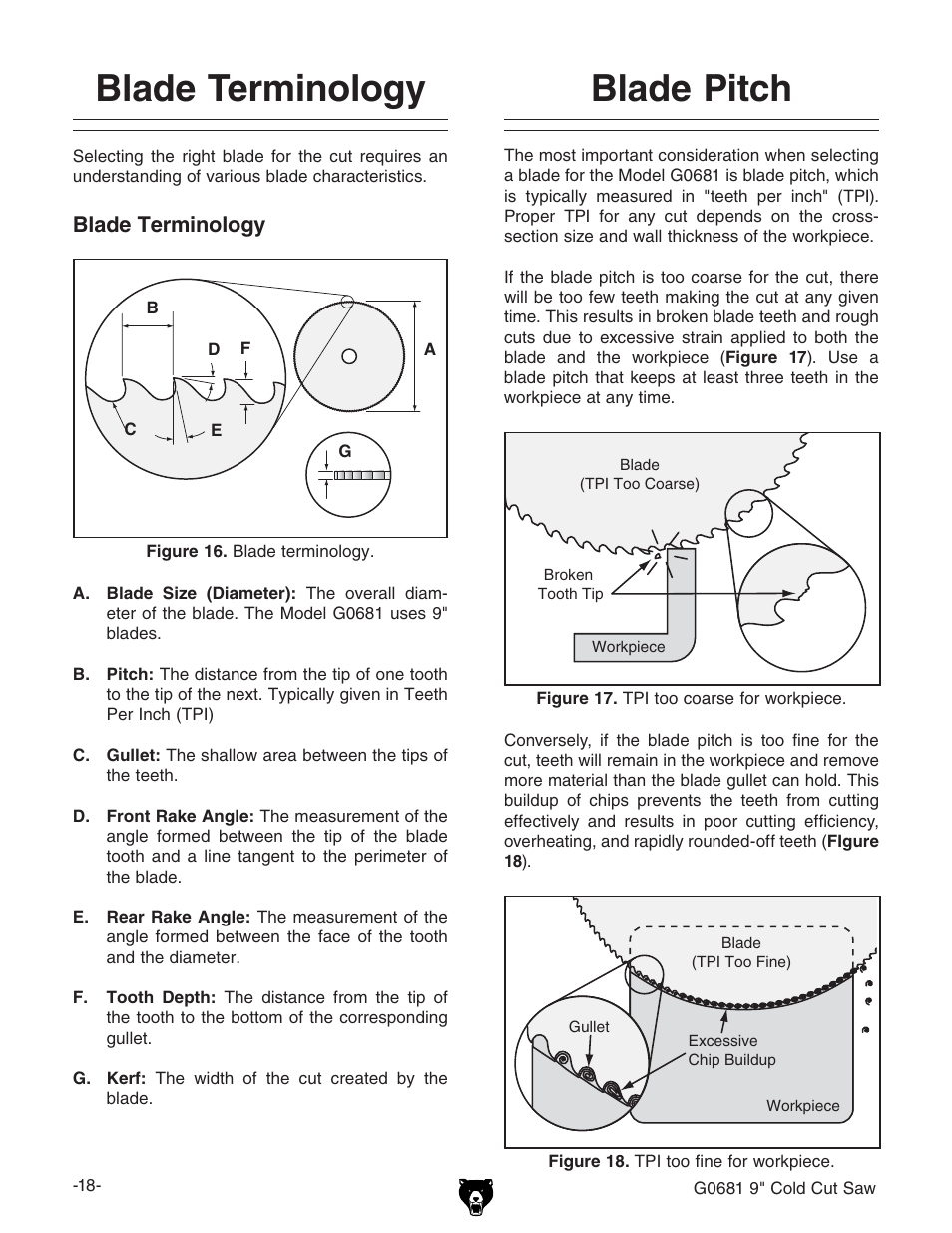 Blade terminology, Blade pitch | Grizzly G0681 User Manual | Page 20 / 44