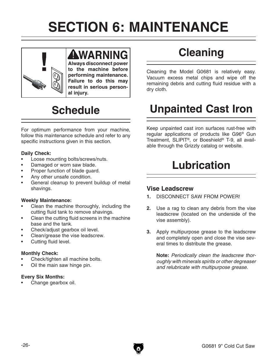 Schedule, Cleaning, Unpainted cast iron | Lubrication | Grizzly G0681 User Manual | Page 28 / 44