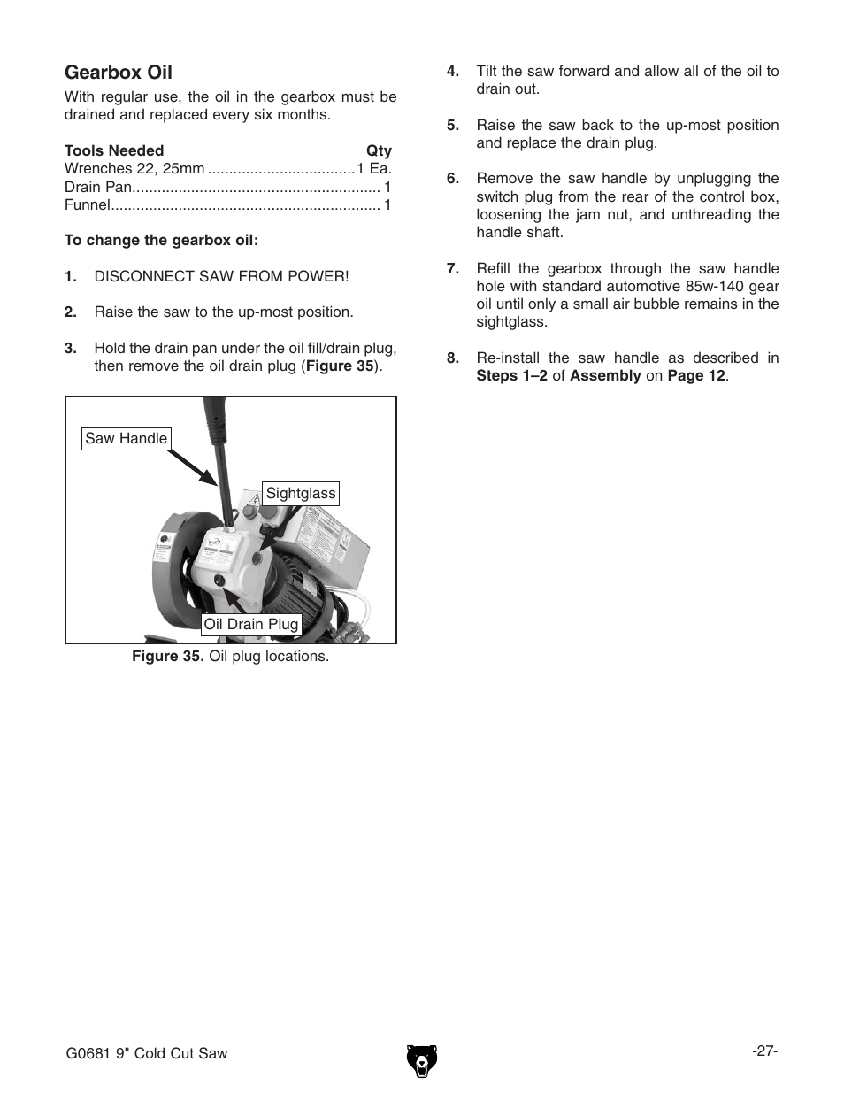 Gearbox oil | Grizzly G0681 User Manual | Page 29 / 44
