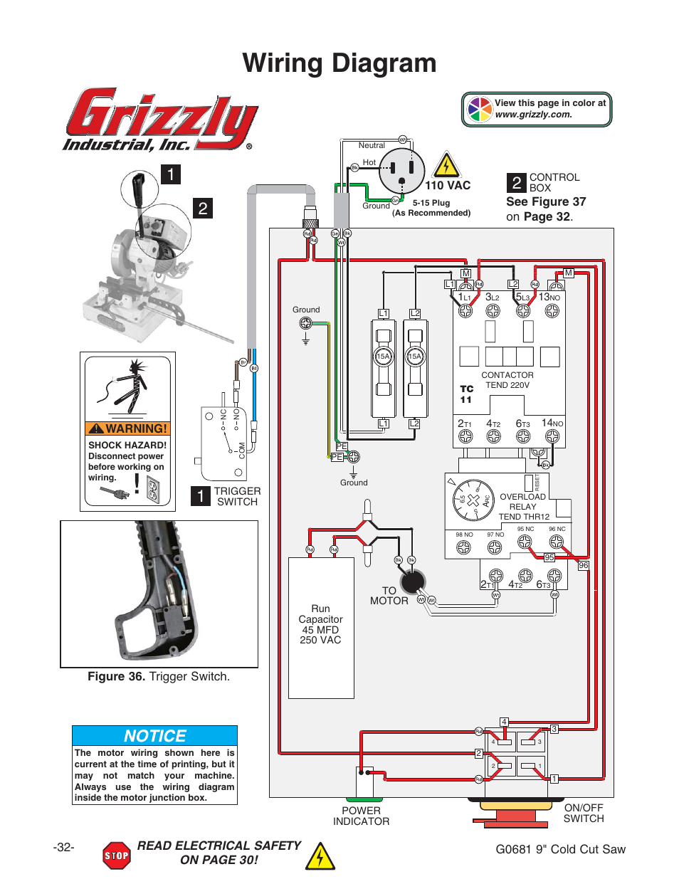 Wiring diagram, 8day8jihvl read electrical safety on page 30, Warning | 110 vac | Grizzly G0681 User Manual | Page 34 / 44