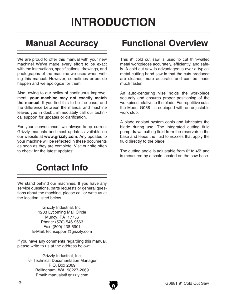 Introduction, Contact info, Functional overview manual accuracy | Grizzly G0681 User Manual | Page 4 / 44