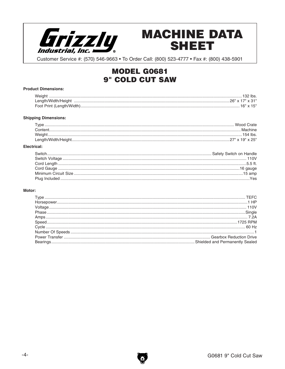 Machine data sheet | Grizzly G0681 User Manual | Page 6 / 44