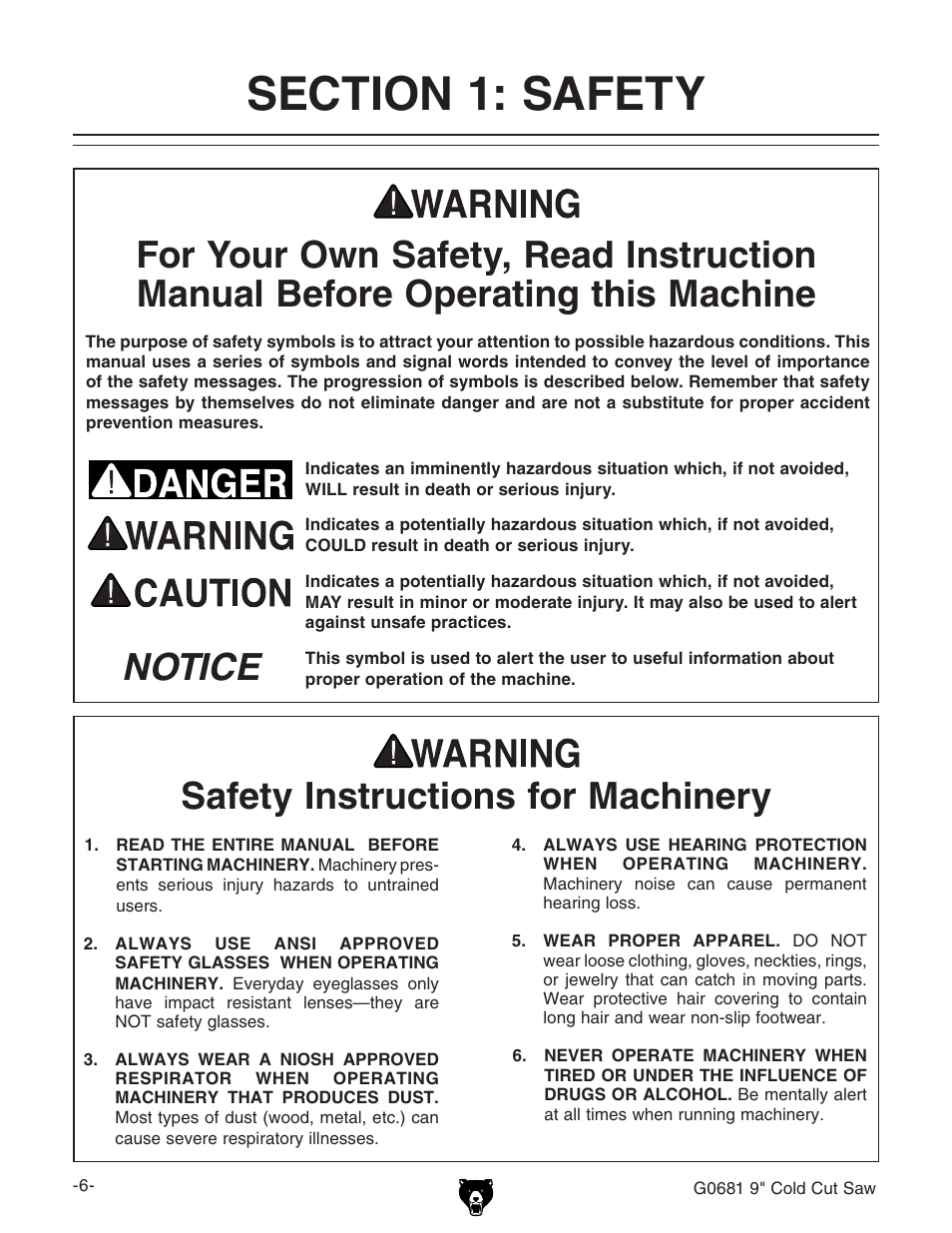 Safety instructions for machinery, Or -anual, 4)#% 3afety | Grizzly G0681 User Manual | Page 8 / 44