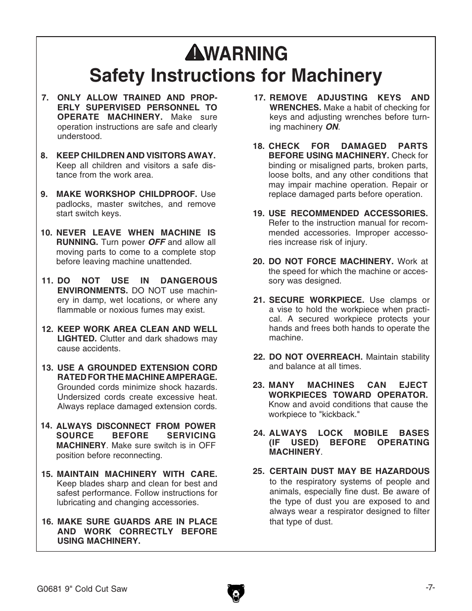 3afety | Grizzly G0681 User Manual | Page 9 / 44
