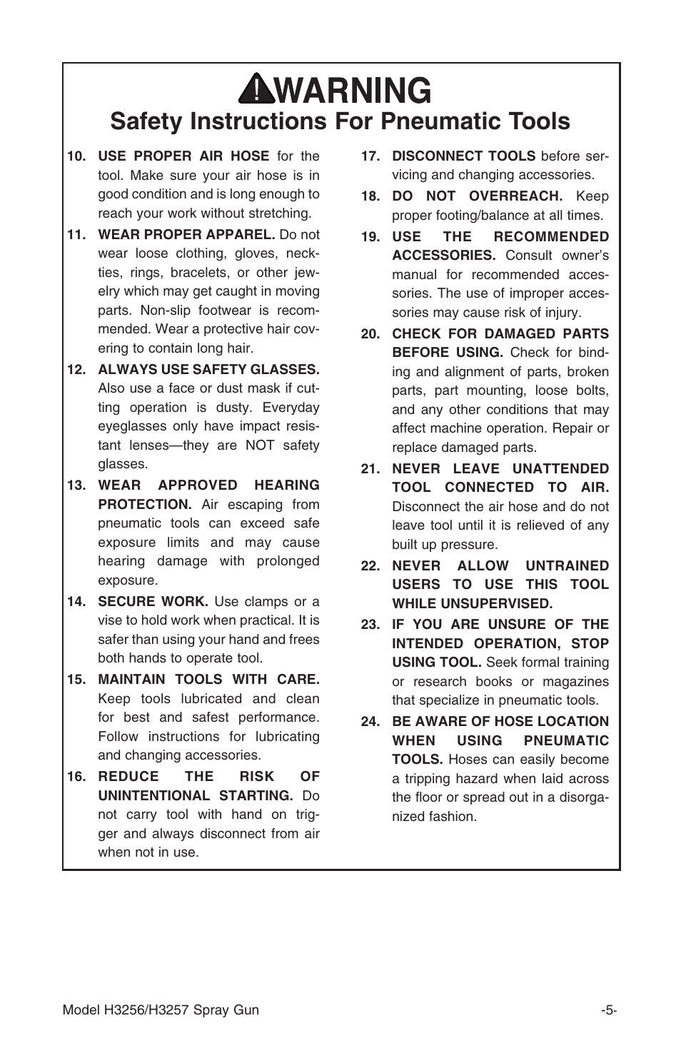 Safety instructions for pneumatic tools | Grizzly H3257 User Manual | Page 5 / 24