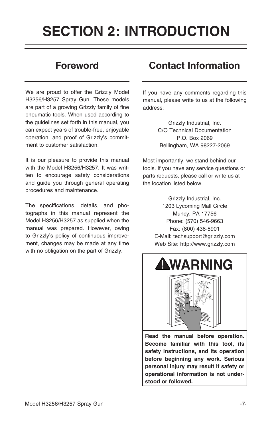 Foreword contact information | Grizzly H3257 User Manual | Page 7 / 24