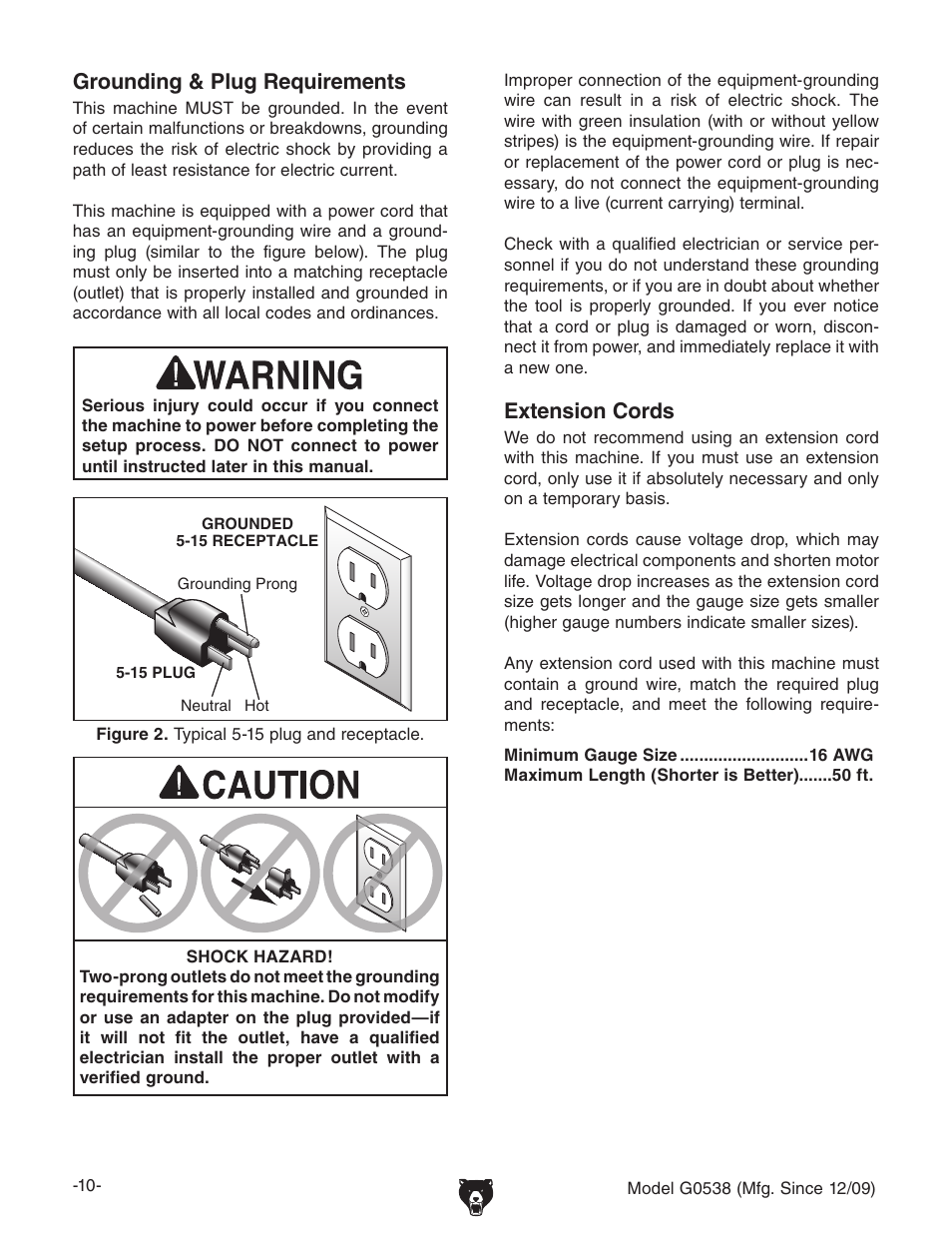 Extension cords, Grounding & plug requirements | Grizzly G0538 User Manual | Page 12 / 28
