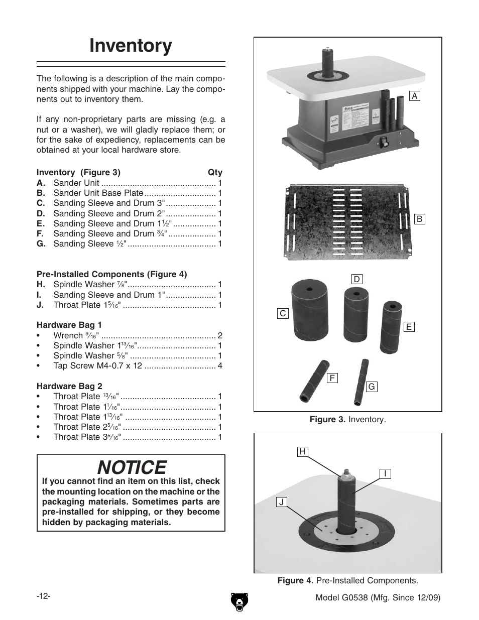 Inventory, Notice | Grizzly G0538 User Manual | Page 14 / 28