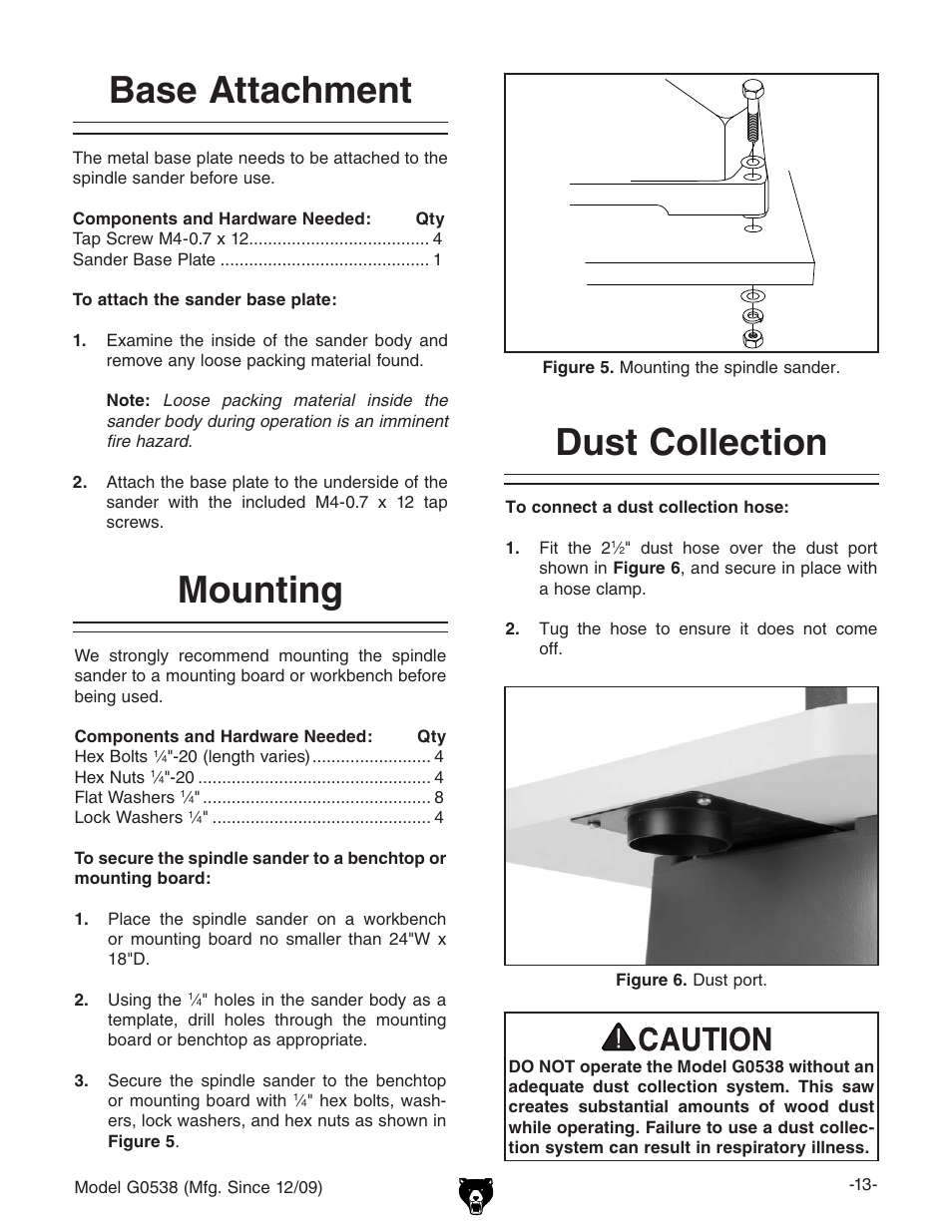 Base attachment, Mounting, Dust collection | Grizzly G0538 User Manual | Page 15 / 28