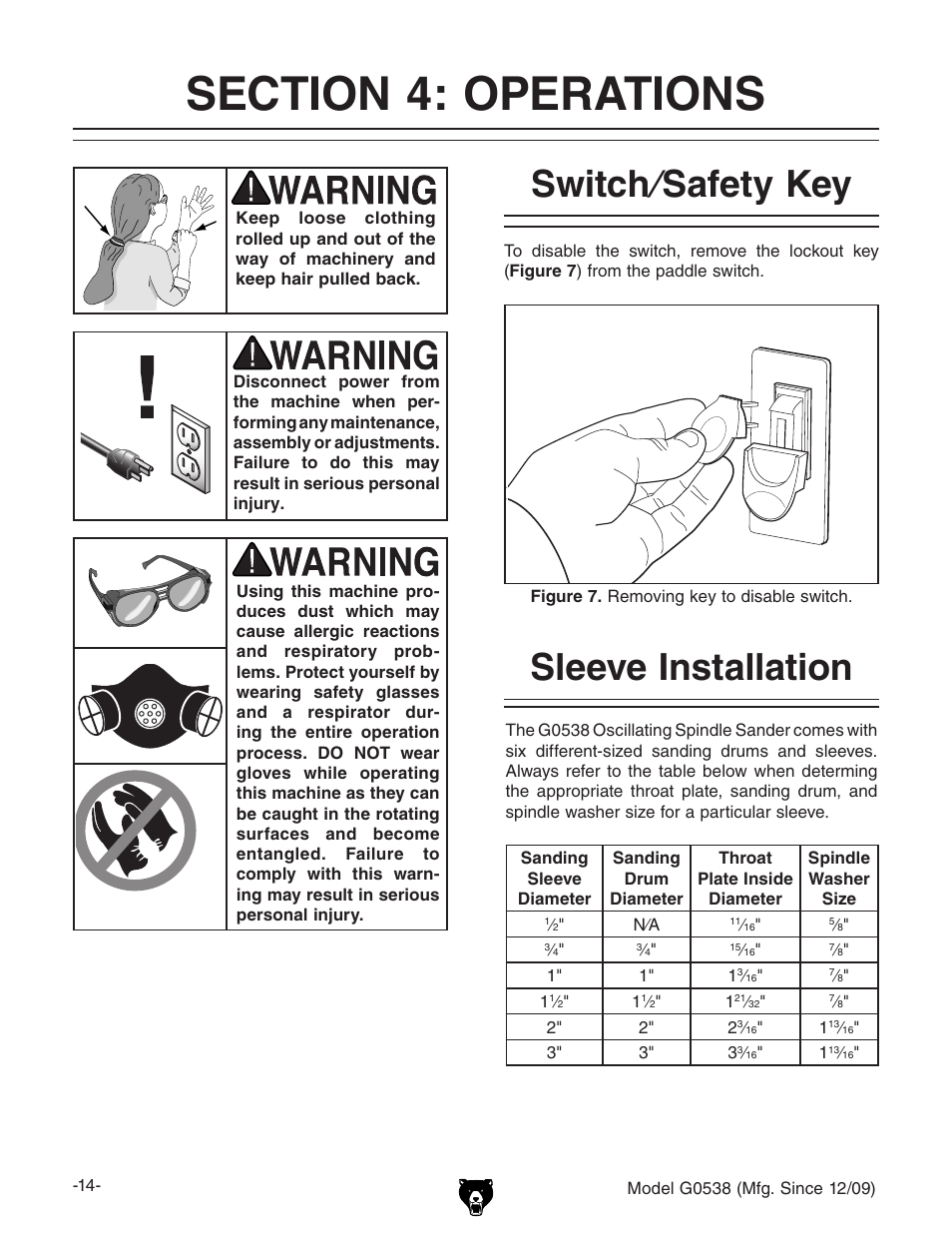 Switch⁄safety key, Sleeve installation | Grizzly G0538 User Manual | Page 16 / 28