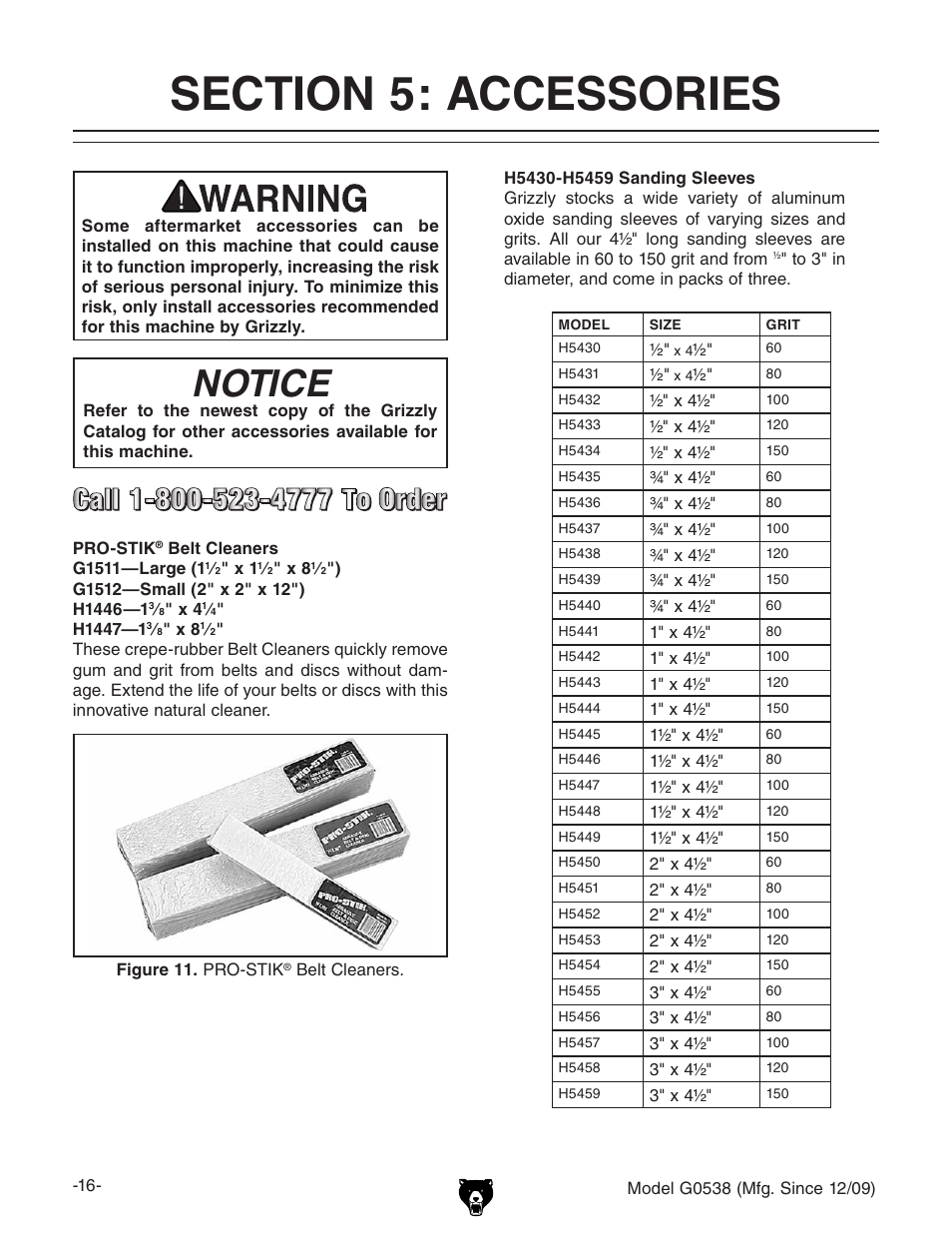 Notice | Grizzly G0538 User Manual | Page 18 / 28