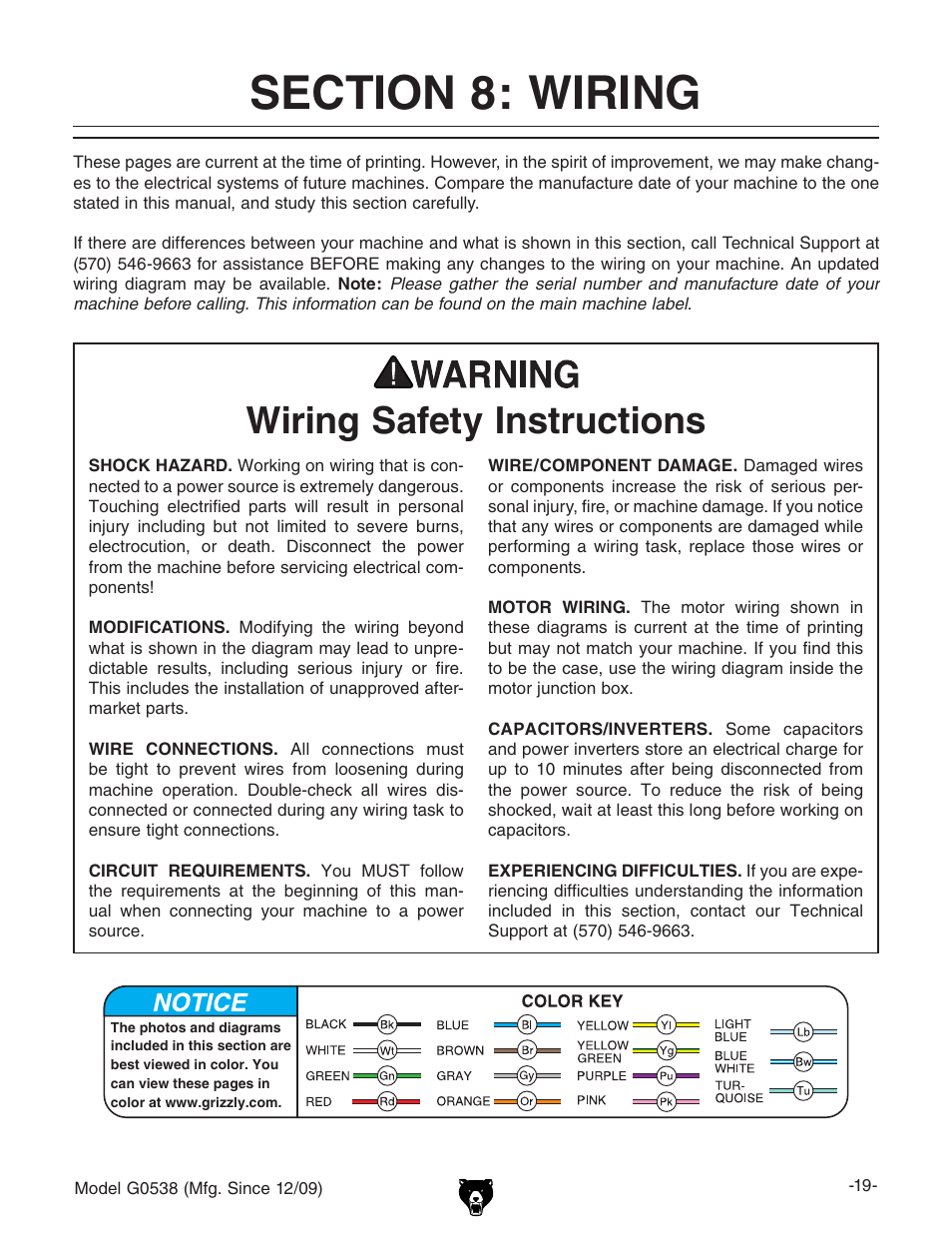 Wiring safety instructions | Grizzly G0538 User Manual | Page 21 / 28
