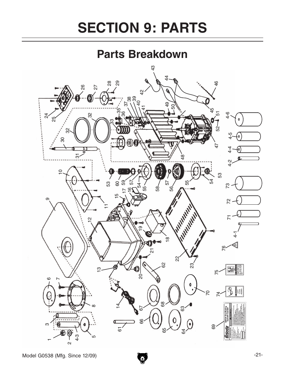 Parts breakdown | Grizzly G0538 User Manual | Page 23 / 28